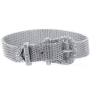 Buckle Belt Mesh Crystal pave set adjustable statement bracelet vintage Silver